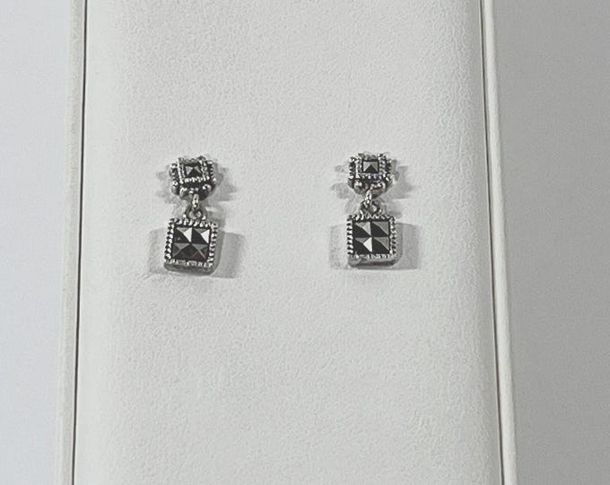 Judith Jack™ Sterling Silver Marcasite Small Dangle Earrings, 5/8" Long, 5mm Square. Signed. Free US Shipping