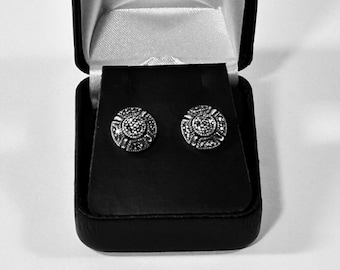 Sterling Silver & Marcasite Round Ornate Stud Earrings, 12mm Diameter, 4 Grams, Polished. Free US Shipping.