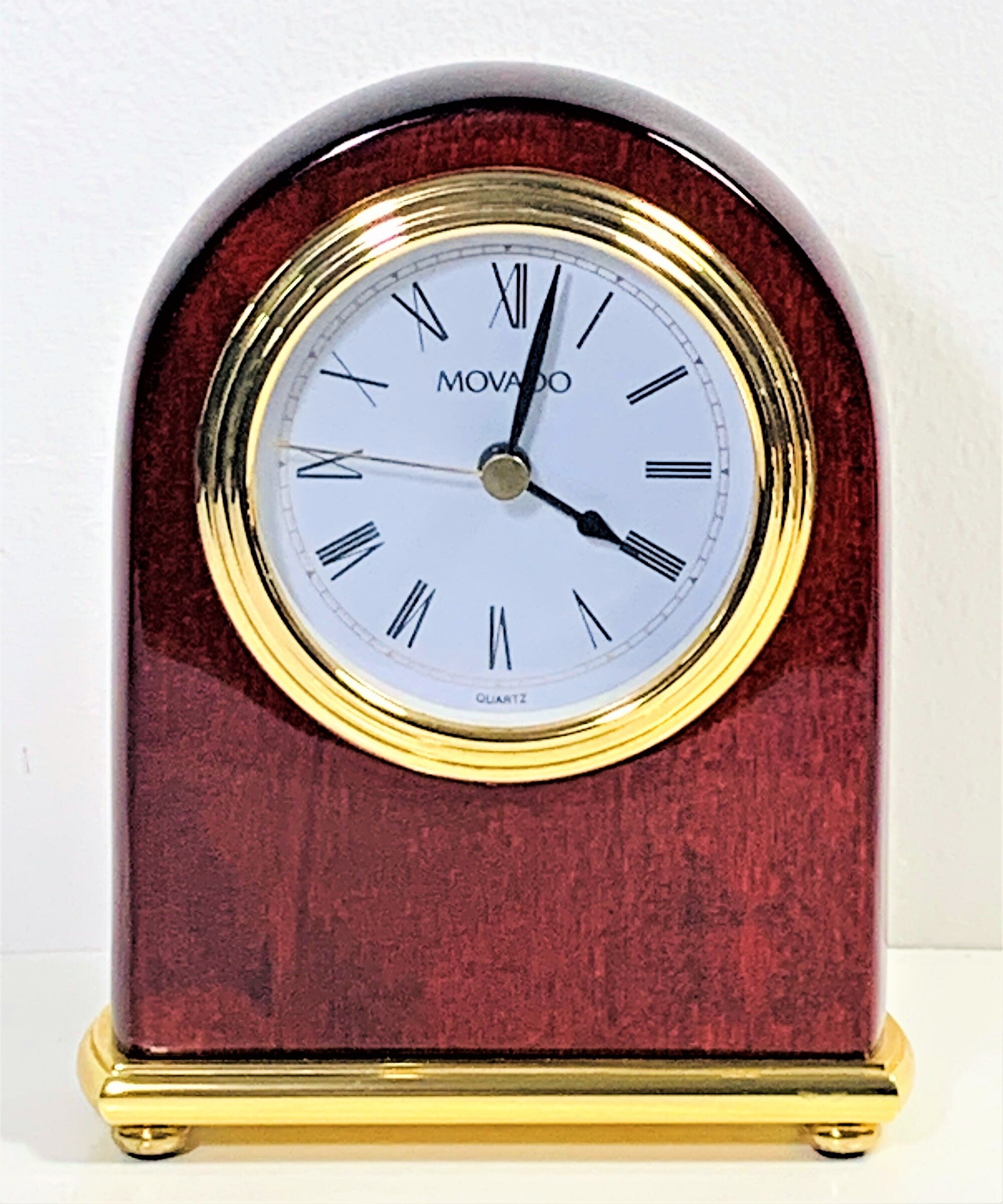 Vintage Movado Mahogany Gloss & Brass Mantel Quartz Clock, Elegant Clock, 5.5 Tall 4 Wide