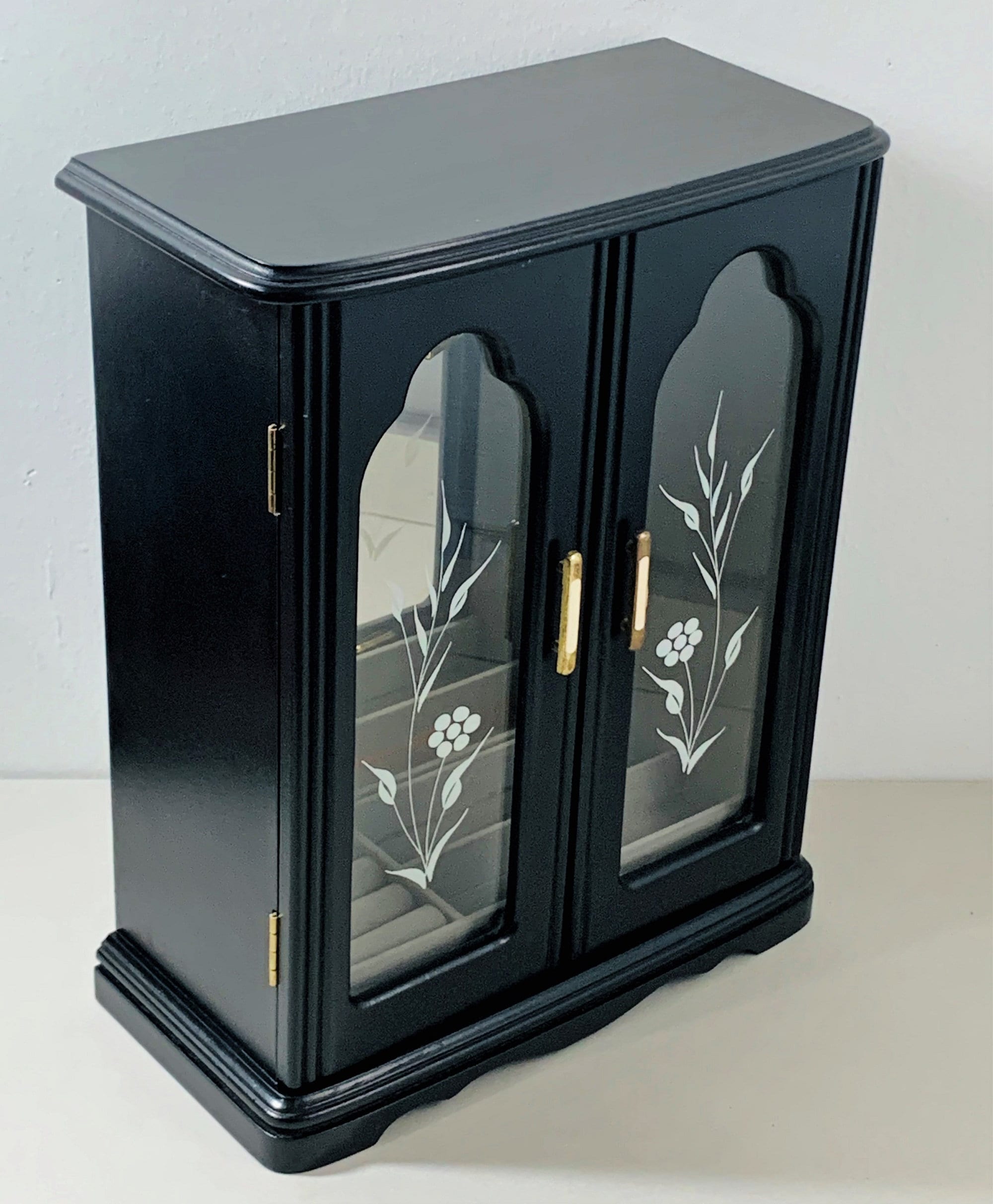 Vintage Solid Wood Black Jewelry Armoire 2 Glass Doors