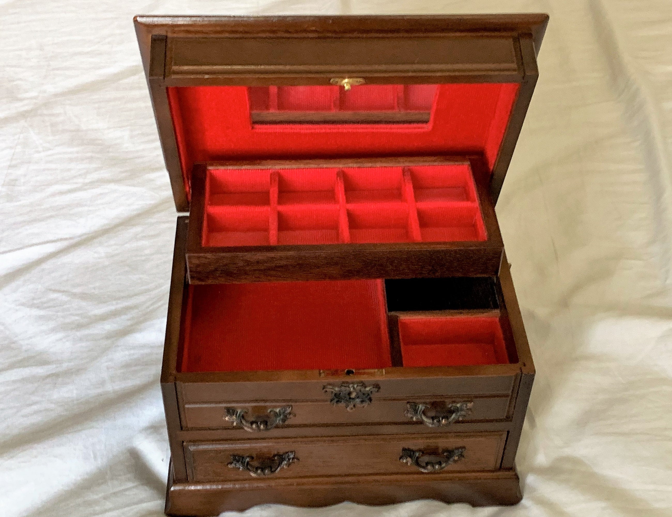 Vintage Wood Musical Jewelry Box,Hand Crafted in Japan, Mirror, Padded