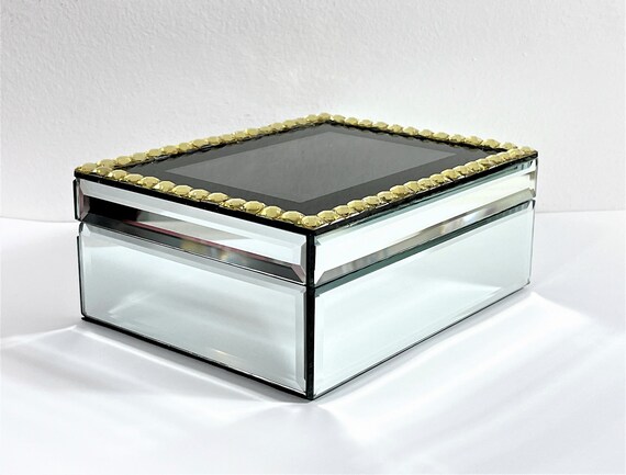 Vintage Mirrored & Jeweled Jewelry Box, Black Lin… - image 3