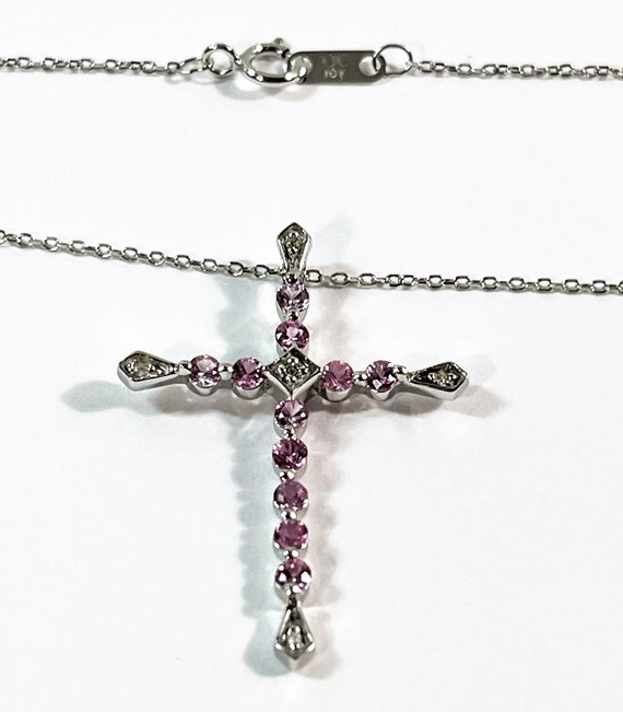 10K White Gold Pink Sapphire & Diamond Cross Neck… - image 7