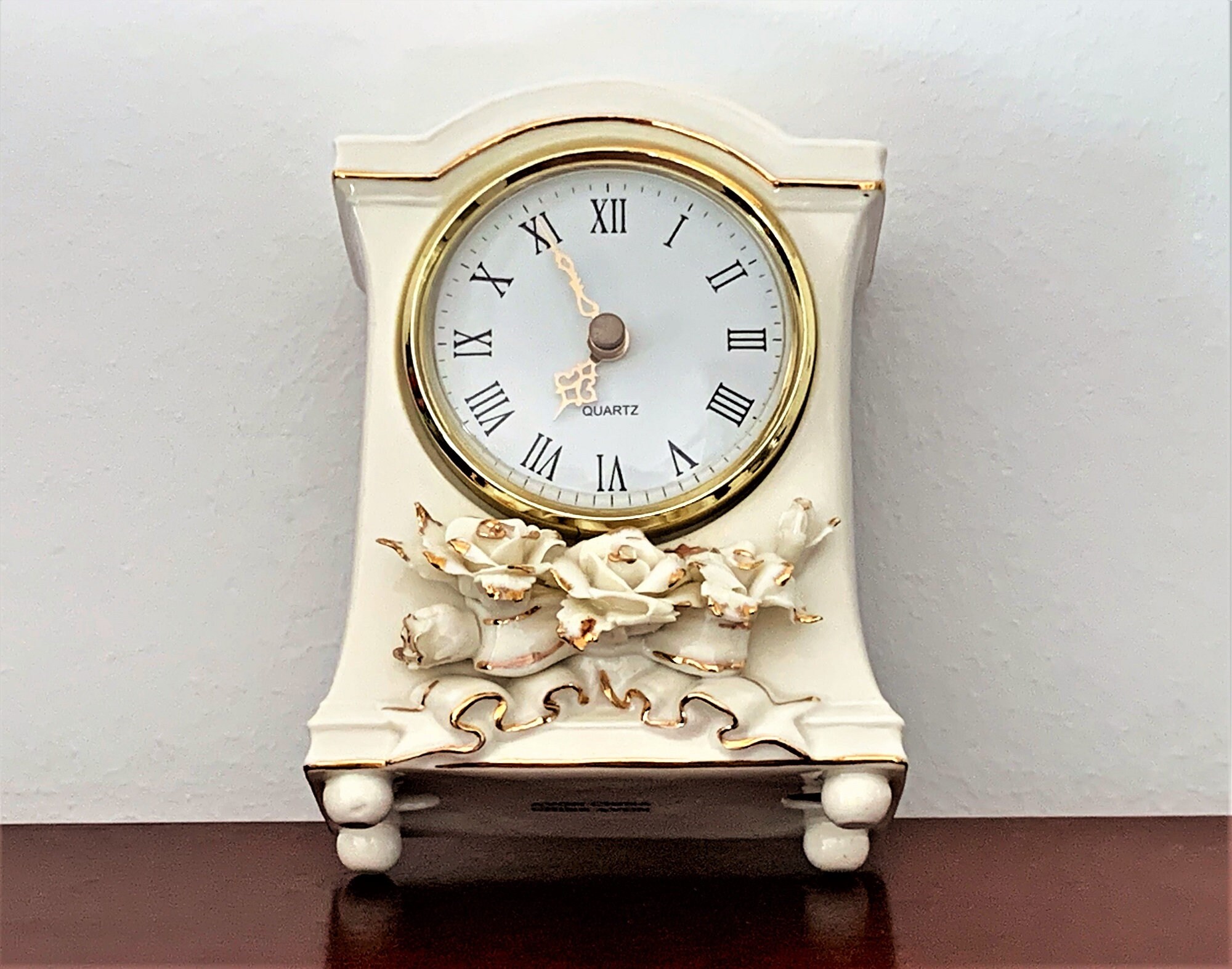 Avon Floral Porcelain Clock, 3D Roses, Cream and Gold, Large Dial W