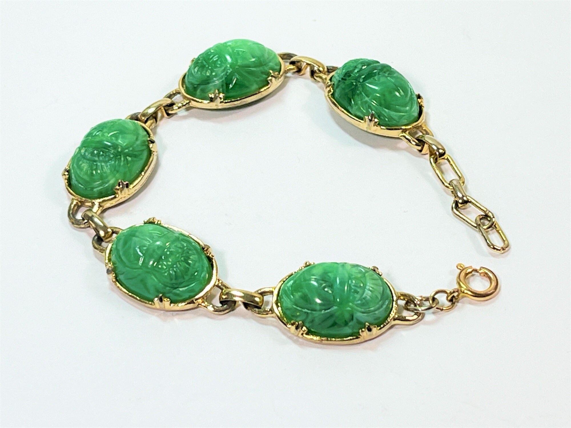 Vintage Gold Tone Scarab Bracelet, Seven Different Colors Scarabs 9X7mm,  7.5 Long. Fold Over Clasp. Free US Shipping.