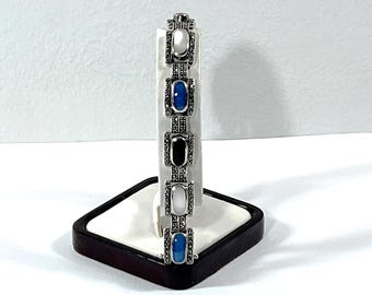 Vintage Sterling Silver NF Marcasite & Gemstone Links Bracelet, 37 Grams, Box Clasp W/2 Safety, Refinished. Free US Shipping.