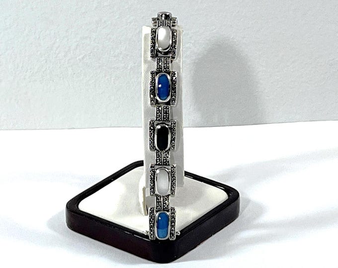 Vintage Sterling Silver NF Marcasite & Gemstone Links Bracelet, 37 Grams, Box Clasp W/2 Safety, Refinished. Free US Shipping.