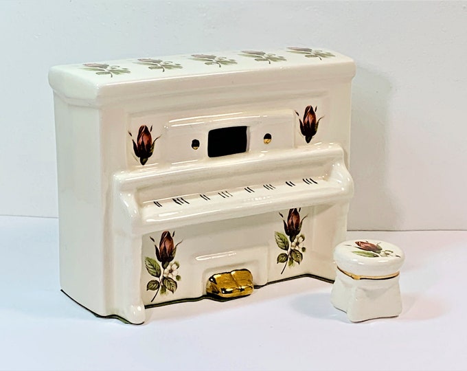 Vintage Fuji Japan Music Box, Upright Porcelain & Stool. Panted Flowers, 22K gold Accents, Plays Well,  6.5" W. 5" T. 3" D. Free US Shipping