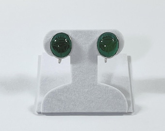 Vintage 1950's Sterling Silver Carved Green Chrysoprase Gemstone Scarab Earrings, 14X12mm Gems. Screw Backs (Non Pierced), Free Us Shipping