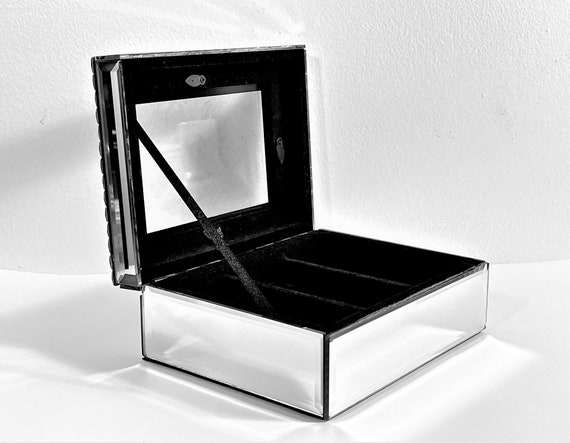 Vintage Mirrored & Jeweled Jewelry Box, Black Lin… - image 4