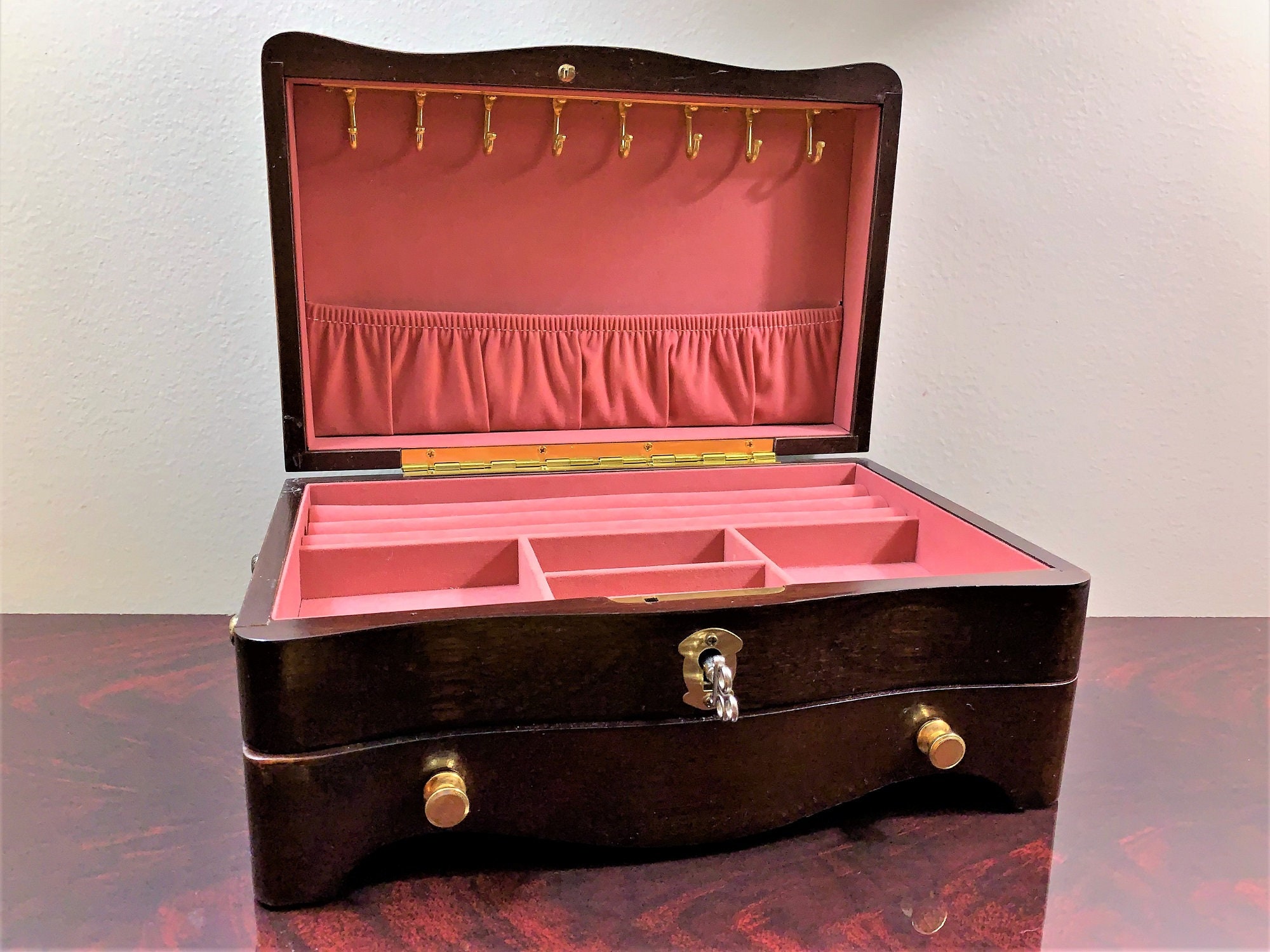 Vintage Solid Wood Jewelry Box,Hand Crafted, Padded Compartments