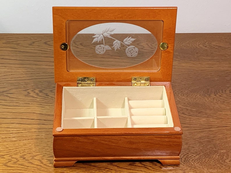Golden Oak Jewelry Box Hinged Lid With Etched Plexiglass Etsy
