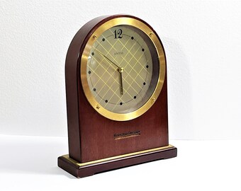 Vintage 1970's Jostens® W. Germany Wood & Brass Clock, Precision Quartz, Large 5" Dial, Arch 9" T. 7" W.  Works Perfect, Free US Shipping