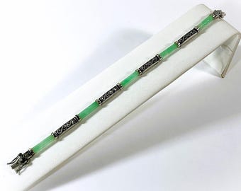 Vintage Sterling Silver Marcasite & Green Jade Gemstone Bracelet, 5 Jade Bars 16x4mm, Hinged, Box Clasp, 13 Grams, 7 1/2", Free US Shipping