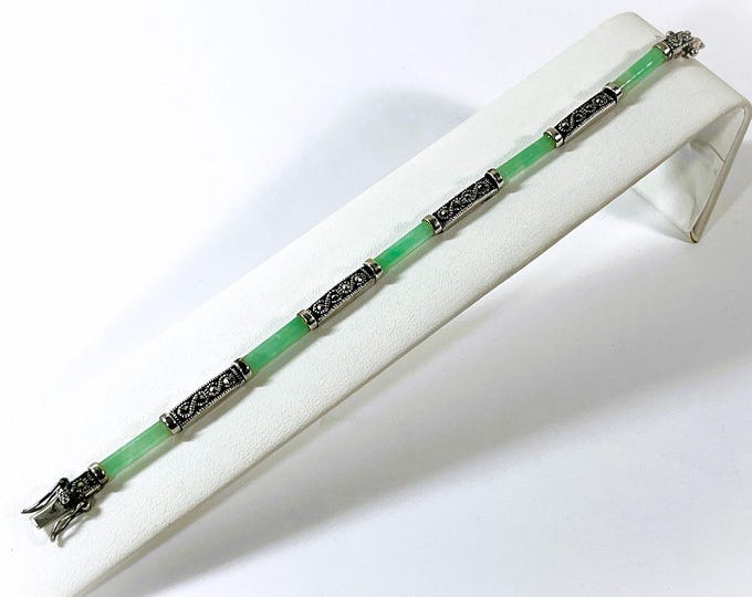 Vintage Sterling Silver Marcasite & Green Jade Gemstone Bracelet, 5 Jade Bars 16x4mm, Hinged, Box Clasp, 13 Grams, 7 1/2", Free US Shipping