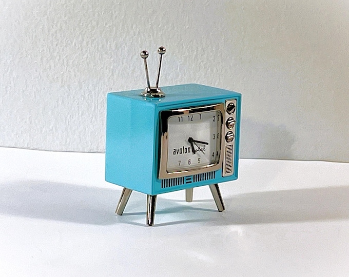 Vintage Rare Miniature Clock "Avalon Hotel" 1950's TV Shape, Stainless Steel, Turquoise Blue Enamel. Serviced. 2" W. 3" T. Free US Shipping