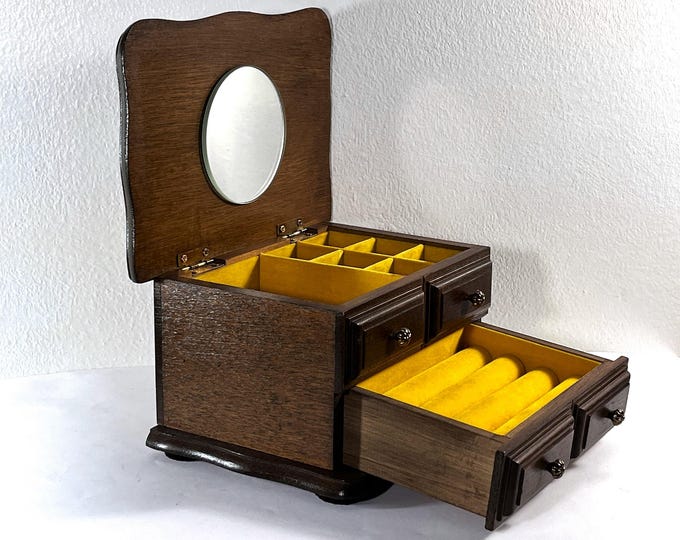 VTG 1978 Avon™ Carved Wood Jewelry Box, Hinged Top W/ Mirror, Padded Sections & Ring Drawer, 7.25" W. 5" L. 4" H, Restored. Free US Shipping