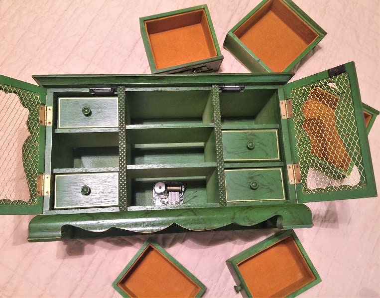 Vintage Japanese Hand Made Armoire Musical Jewelry Box Storage