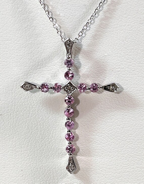 10K White Gold Pink Sapphire & Diamond Cross Neck… - image 2