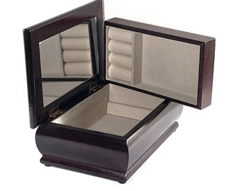 Vintage Mahogany Wood Jewelry Box, Floral Canvas Top, Mirror, Movable Tray, Rings Section, 8.5" W. 5.5" L. Restored. Free US Shipping.