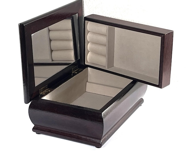 Vintage Mahogany Wood Jewelry Box, Floral Canvas Top, Mirror, Movable Tray, Rings Section, 8.5" W. 5.5" L. Restored. Free US Shipping.