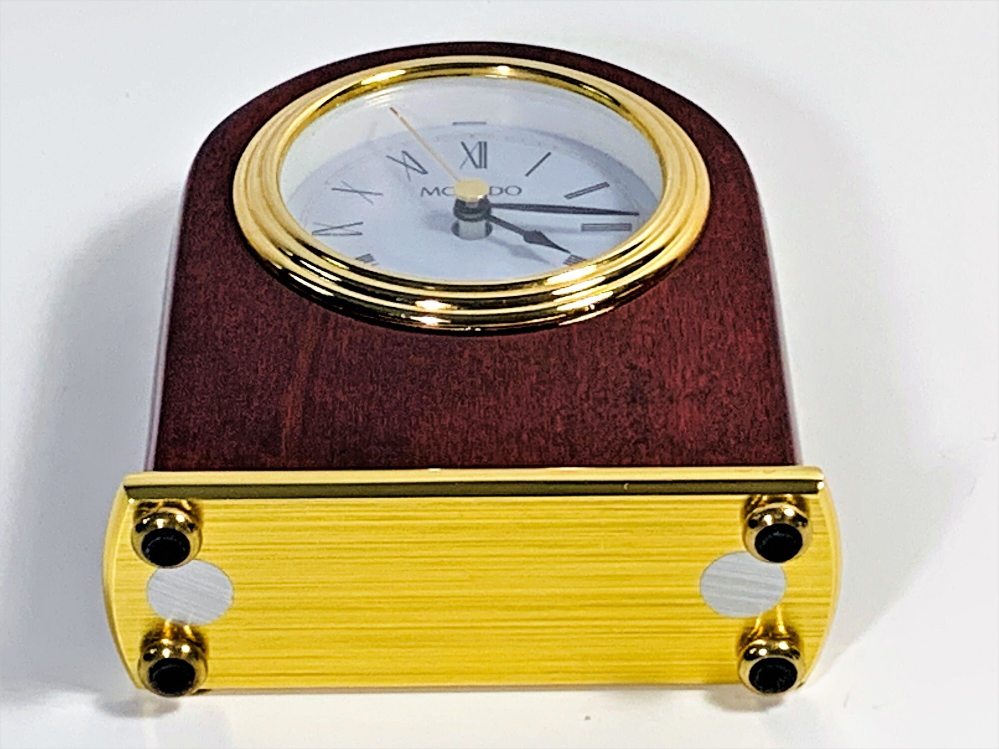 Vintage Movado Mahogany Gloss & Brass Mantel Quartz Clock, Elegant Clock, 5.5 Tall 4 Wide