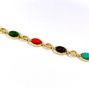 Vintage Gold Tone Egyptian Scarab Bracelet, 5 Multi Color Scarabs 12X10mm, Fold Clasp, Excellent Condition. 7.5&quot; L. Free US Shipping