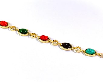 Vintage Gold Tone Egyptian Scarab Bracelet, 5 Multi Color Scarabs 12X10mm, Fold Clasp, Excellent Condition. 7.5" L. Free US Shipping
