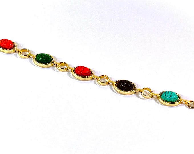 Vintage Gold Tone Egyptian Scarab Bracelet, 5 Multi Color Scarabs 12X10mm, Fold Clasp, Excellent Condition. 7.5" L. Free US Shipping