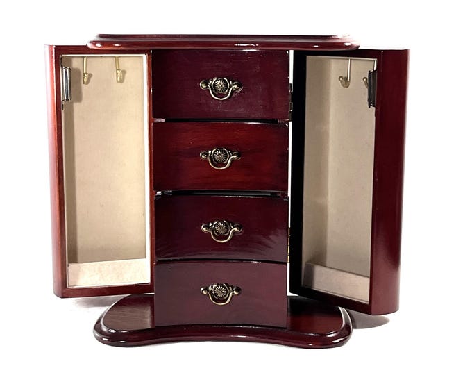 Vintage Mele Carved Wood Musical Jewelry Armoire: Fur Elise Tune, Mahogany Finish