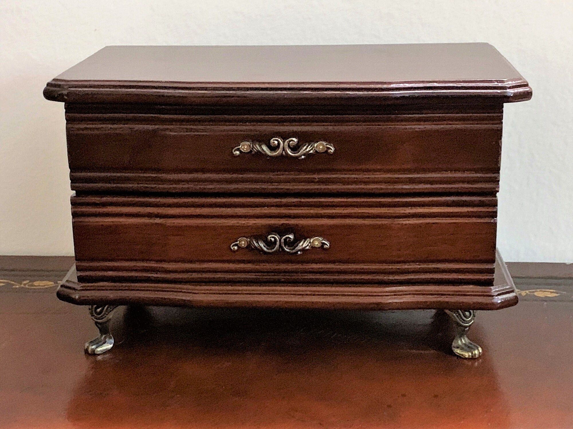 Vintage Smal Jewelry Armoire, Solid Wood, Hinged Lid with Mirror