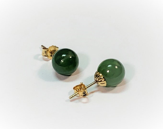 Vintage 14K Yellow Gold Green Nephrite Jade Gemstone Studs, 8mm Round Bead, Textured Setting, Large Backs. Free US Shipping.