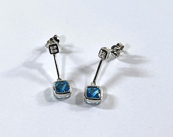 14K White Gold Swiss Blue Topaz & Small Diamonds Dangle Earrings. 6mm Cushion Cut Gems 2.20 Carats, 7/8" Long, 2.00 Grams. Free US Shipping