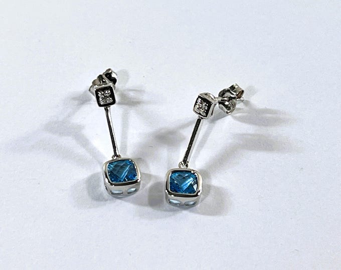 14K White Gold Swiss Blue Topaz & Small Diamonds Dangle Earrings. 6mm Cushion Cut Gems 2.20 Carats, 7/8" Long, 2.00 Grams. Free US Shipping