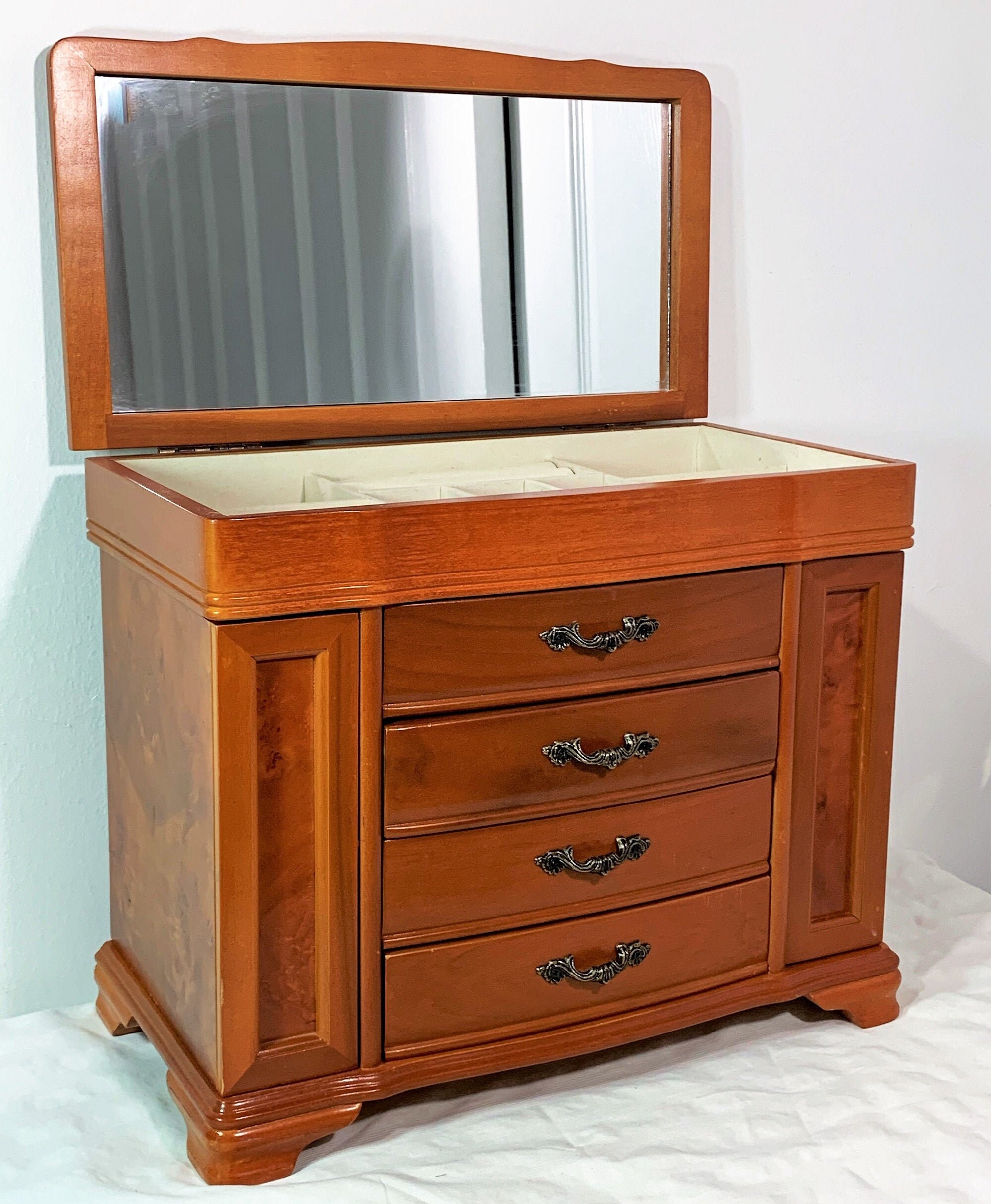 Vintage Super Large Burl Wood Jewelry Armoire, Hinged Lid W/Large