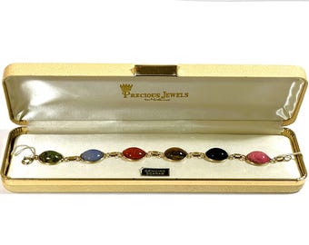 Vintage 1950's Milano™ 12K Gold Filled Scarab Bracelet, 6 Carved Gemstones Scarabs 16X12mm. Tiger's Eye, Jade Etc. 7.25" L. Free US Shipping