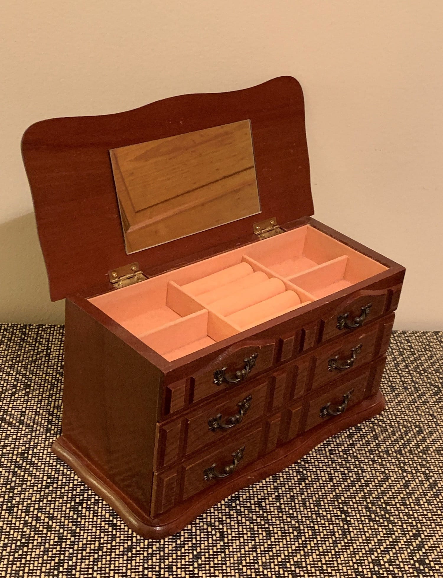 Vintage Solid Wood Jewelry Box,Hand Crafted, Mirror, Padded