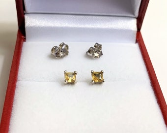 14k White Gold Yellow Sapphire Studs, Princess Cut Natural Fancy Yellow Sapphires, 3 mm, .32 carat Total Weight. Free US Shipping.