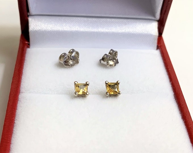 14k White Gold Yellow Sapphire Studs, Princess Cut Natural Fancy Yellow Sapphires, 3 mm, .32 carat Total Weight. Free US Shipping.