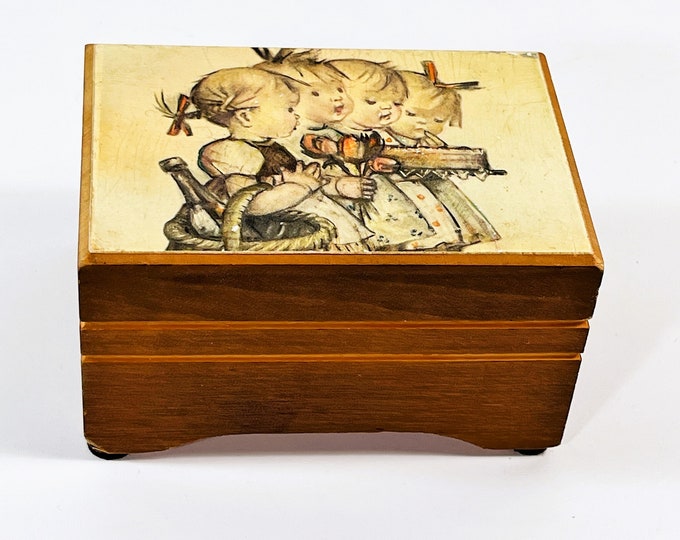 Vintage Thorens® Switzerland Music Box, Tune "Happy Birthday", 18 Key, Carved Wood, Hummel Art, 4.25" W. 3" L. Restored. Free US Shipping