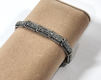 Vintage Sterling Silver Marcasite Bracelet, 11mm Wide, 26 Grams, Square & Round Marcasite. Hinged Links. 7.2" L Refinished. Free US Shipping