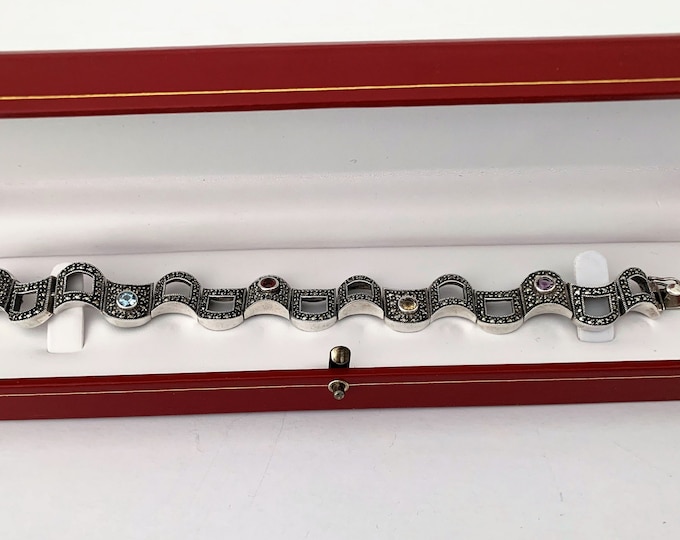 Vintage Judith Jack Marcasite and Multi Gemstone Bracelet, 5 Round Genuine Gems, 7" Long, 15 mm Wide, 33.40 Grams, Refinished.