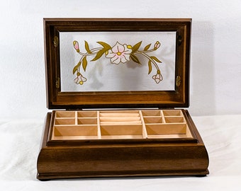 VTG Mele® Carved American Walnut Jewelry Box, Floral Stained Glass, Movable Tray, Padded Sections, 11" W. 7" L. Restored. Free US Shipping