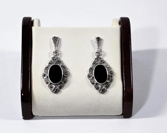 Vintage Sterling Silver Black Onyx & Marcasite Dangle Earrings, Oval Cabochon Onyx 12X8mm, 1.5"- 37mm Long, Polished. Free US Shipping
