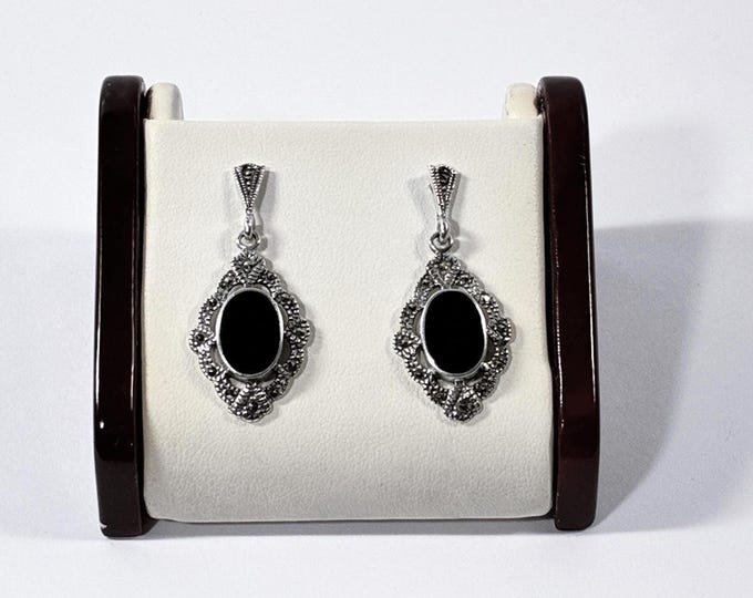 Vintage Sterling Silver Black Onyx & Marcasite Dangle Earrings, Oval Cabochon Onyx 12X8mm, 1.5"- 37mm Long, Polished. Free US Shipping