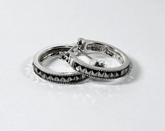 Vintage Sterling Silver & Marcasite Hoops, Square Marcasite All Around, 1" Diameter, 3.5mm W, 5.50 Grams, Refinished. Free US Shipping.