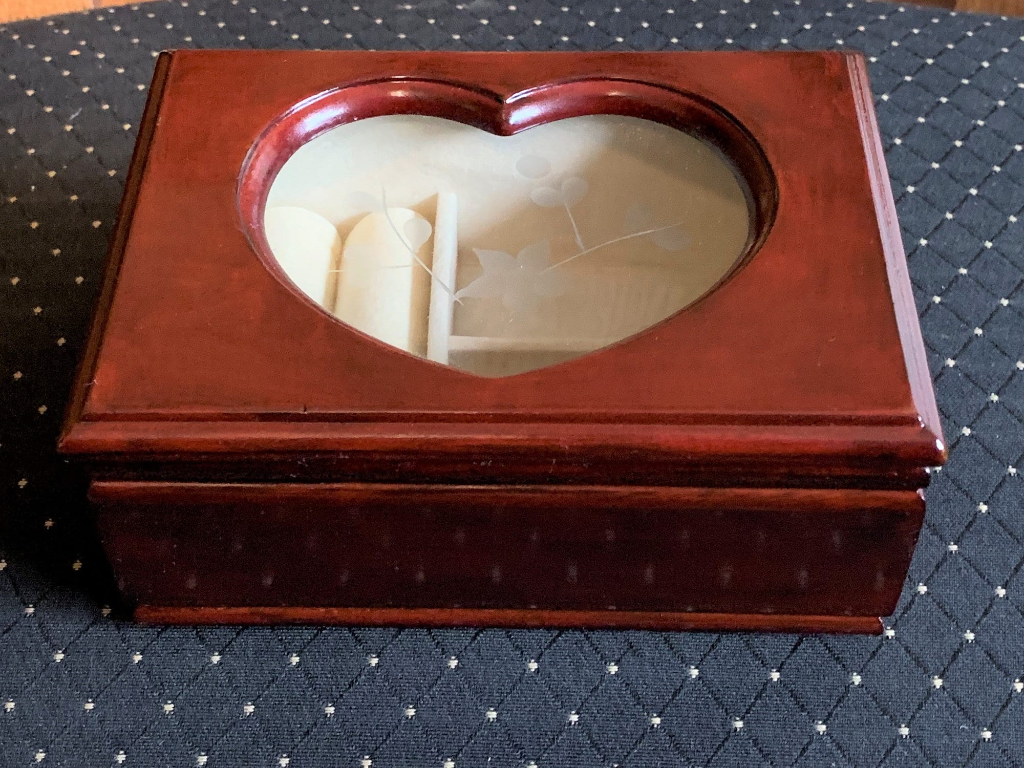 Vintage Solid Wood Small Jewelry Box, Heart Shape Etched Glass Window