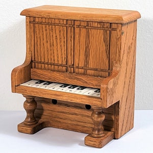 Vintage Unique Handcrafted Fine Wood Piano Music Box. &quot;Anniversary Waltz&quot;, Artist Label, Sankyo Mechanism, 6.5&quot; T. 5.5&quot; W. Free US Shipping