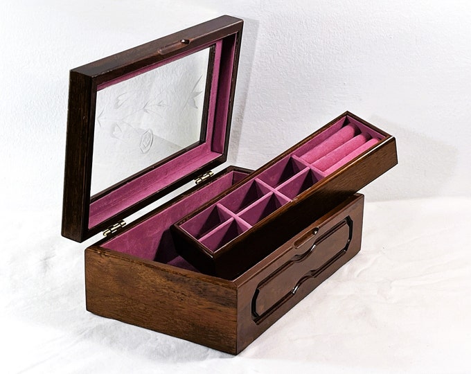 Vintage Jay™ Carved Pine Wood Jewelry Box, Etched Glass Window, Movable Tray, Ring Section, Restored, 9.75" W. 6" L. 3.5" T Free US Shipping