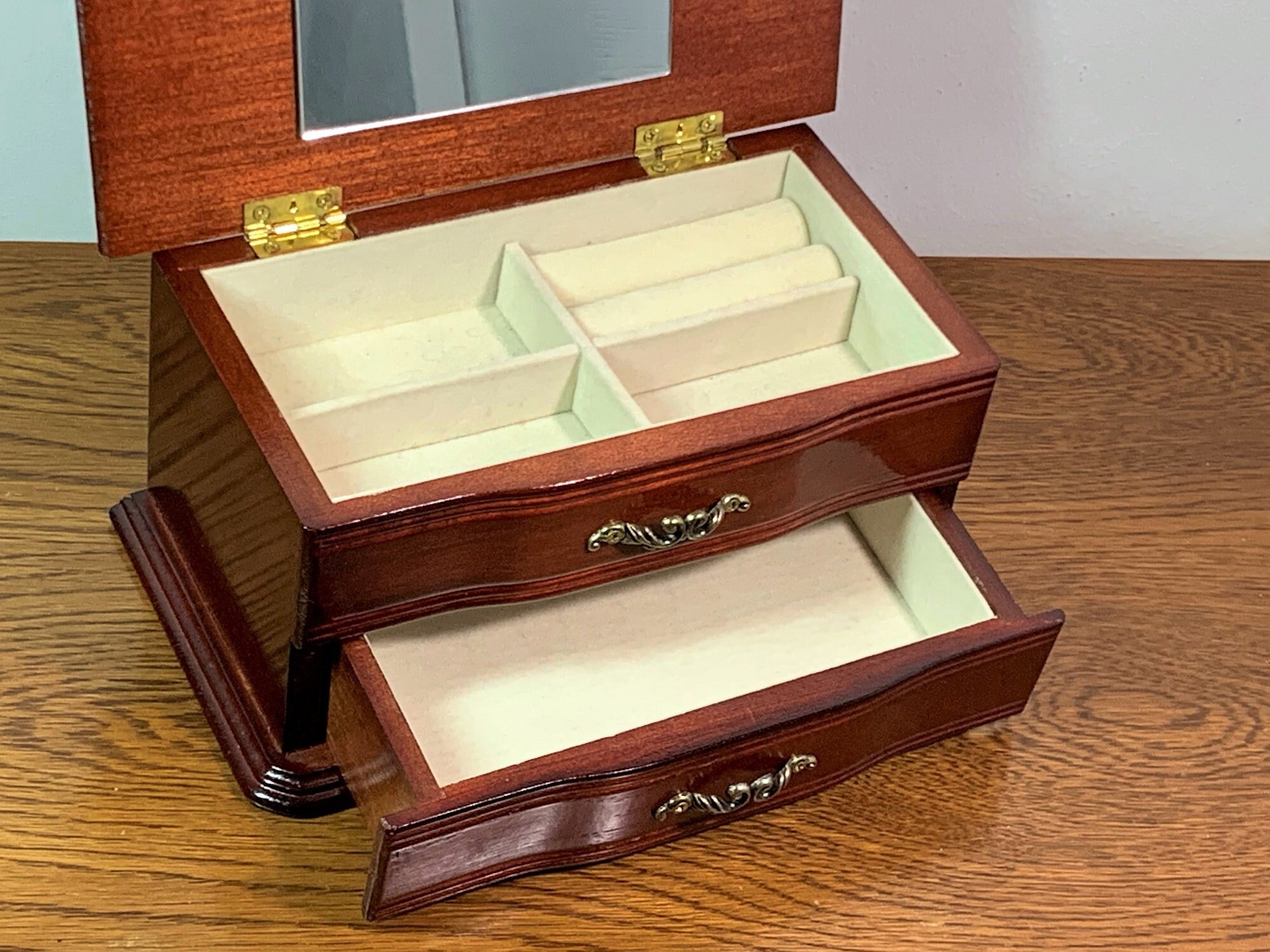 Vintage Solid Wood Jewelry Hinged Top W/ Mirror, Padded